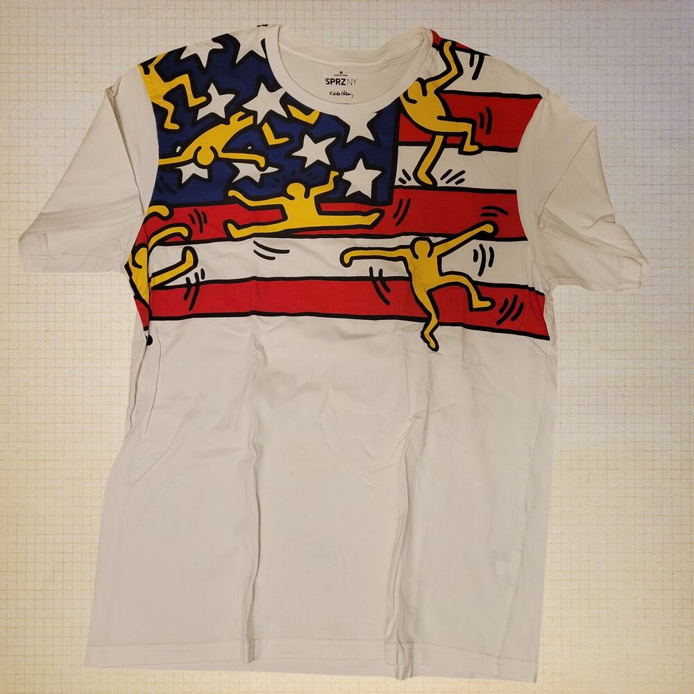 SPRZNY Keith Haring Graphic T-Shirt Men's Medium White Short Sleeve USA Flag